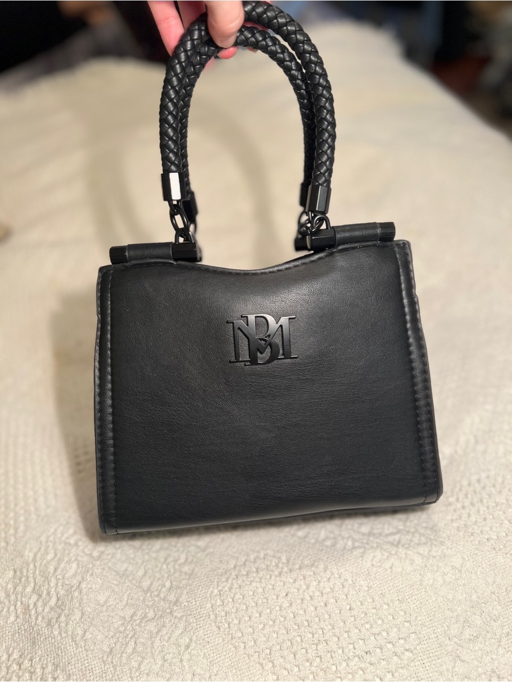 Black Leather Badgley Mischka Top-Handle Bag with Matte Logo Accent